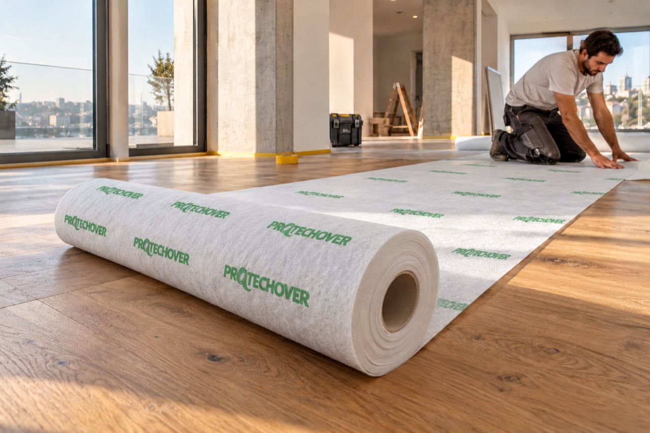 Protective covering laid on a floor during renovation; illustrative application image