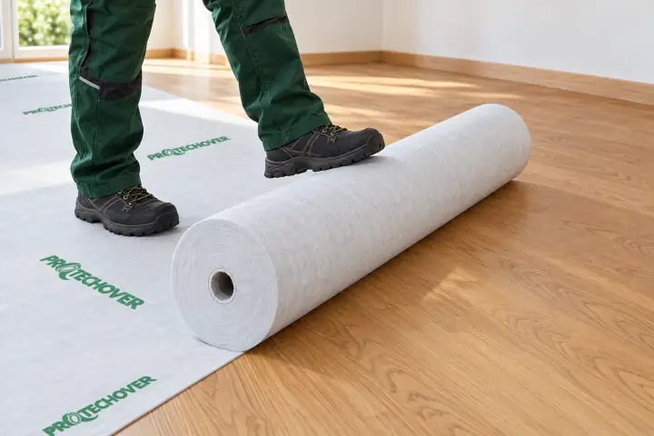 Installer unrolling Protechover across a wood floor
