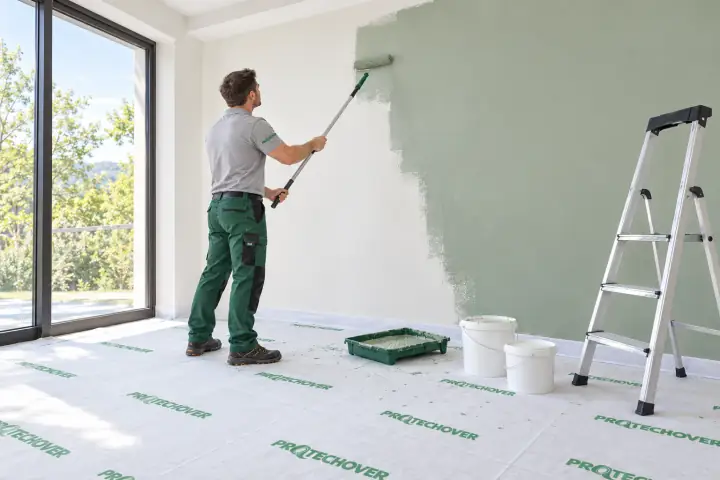 Floor protected with Protechover while a wall is painted
