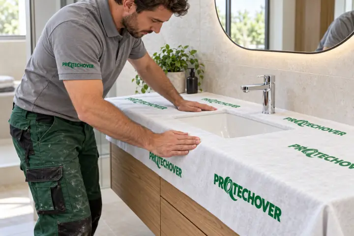 Installer laying Protechover over a bathroom vanity