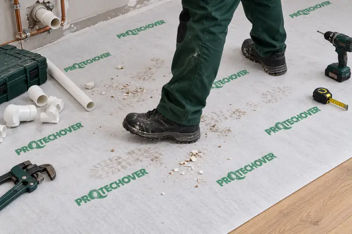 Protechover protecting the floor among tools and pipes on a job site